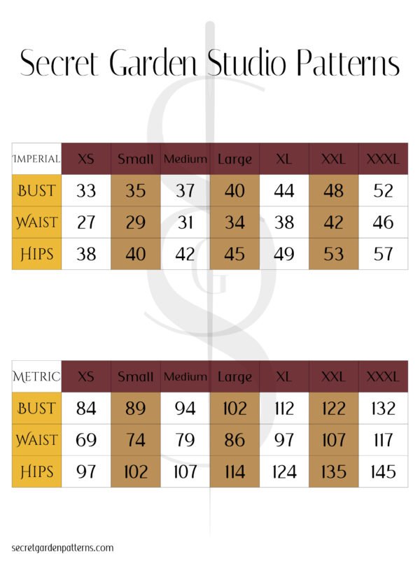 SGS Size chart Secret Garden Studio Patterns Size chart xs-xxxl